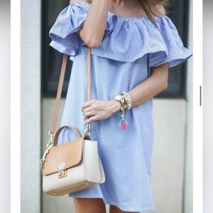 Aqua Off Shoulder Ruffle Dress XS Blue Stripe Flowy Summer Mini